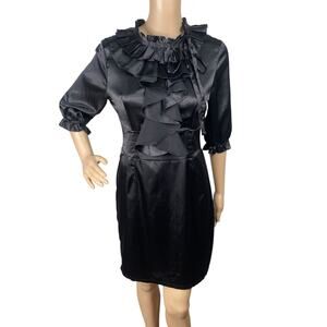 Vtg Y2K Black Satin Pleated Ruffle High Neck Sheath Dress SZ M